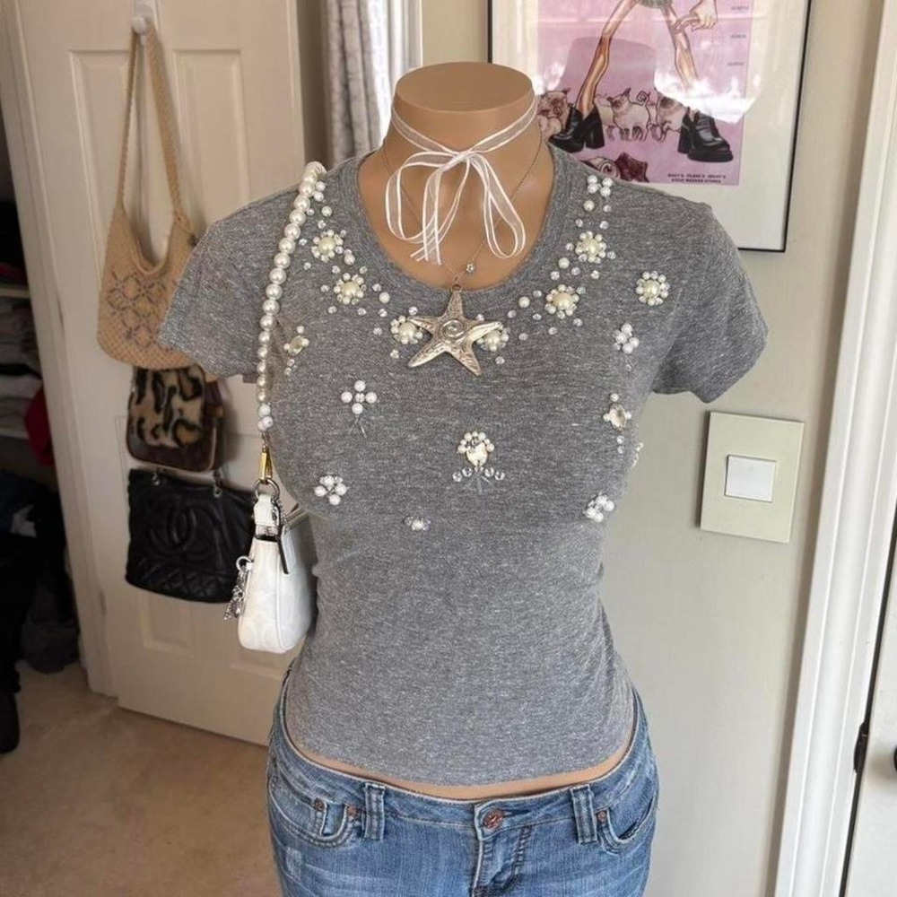 Y2K 2000s mcbling Grey and white‎ beaded embellished top